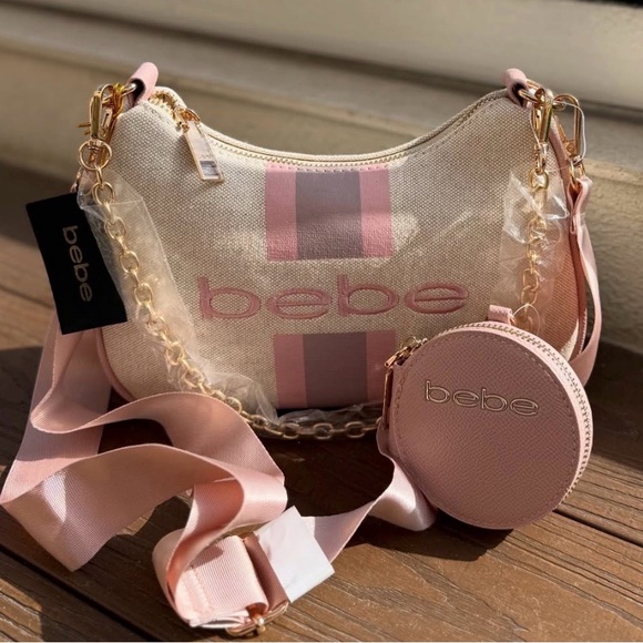 bebe Handbags - Bebe Pink Stripe Logo Crossbody Bag Set NWT Chain Strap Coin Pouch